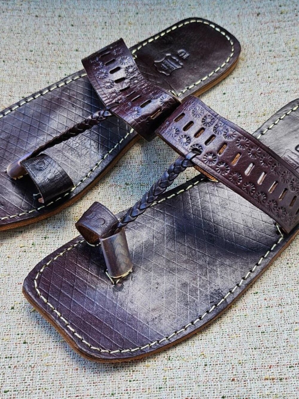 Handcrafted Men Sandal All Genuine Leather Dark Brown Flat Shoe Size 9US